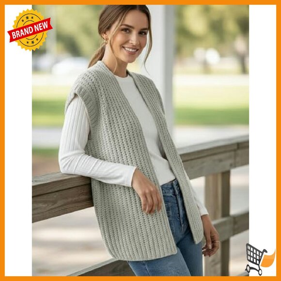 Sleeveless Chunky Knit Sweater Vest Open Front Cardigan Womens - Picture 4 of 8